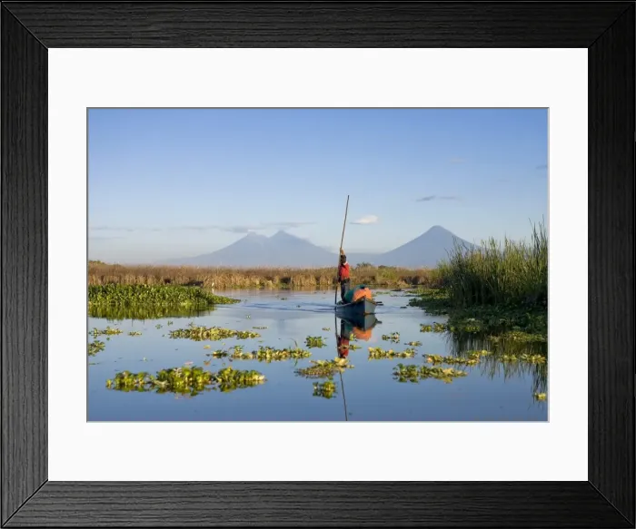 Framed Print : Fisherman, Agua and Pacaya Volcanoes in the background Framed Print : Fisherman, Agua and Pacaya Volcanoes in the background