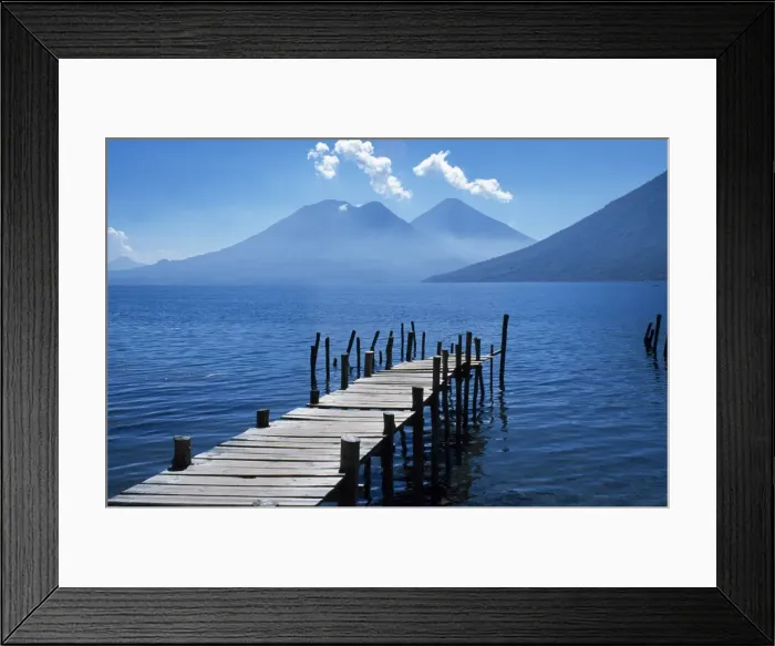 Framed Print : Fishing jetty on Lake Atitlan with volcanoes Toliman and Atitlan behind Framed Print : Fishing jetty on Lake Atitlan with volcanoes Toliman and Atitlan behind
