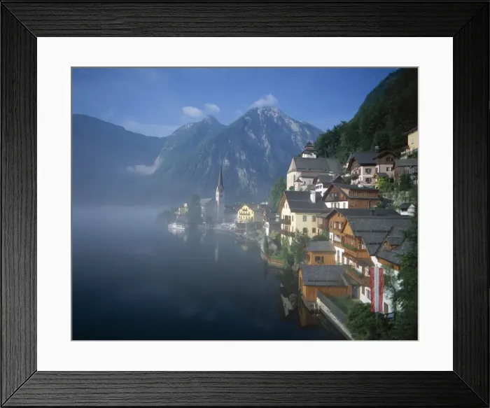 Framed Print : Village with Mountains & Lake, Hallstatt, Salzkammergut, Austria