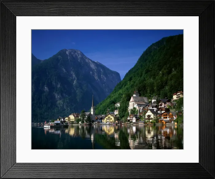 Framed Print : Village with Mountains & Lake, Hallstatt, Salzkammergut, Austria