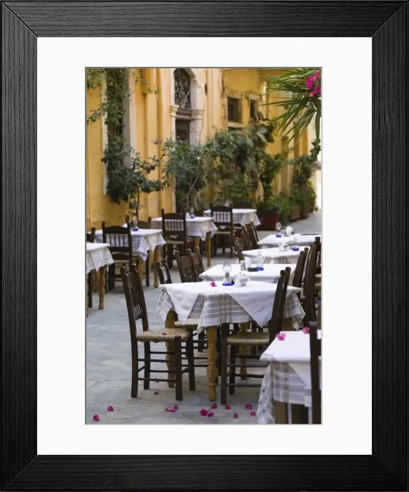 Framed Print : Cafe tables, Hania, Hania Province, Crete, Greece