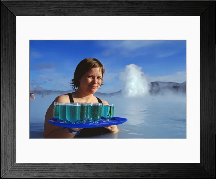 Framed Print : Waitress serving Blue Cocktails at the Blue Lagoon thermal spa Framed Print : Waitress serving Blue Cocktails at the Blue Lagoon thermal spa