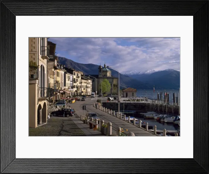 Framed Print : Morning light on traditional pastel-washed lake-side Framed Print : Morning light on traditional pastel-washed lake-side