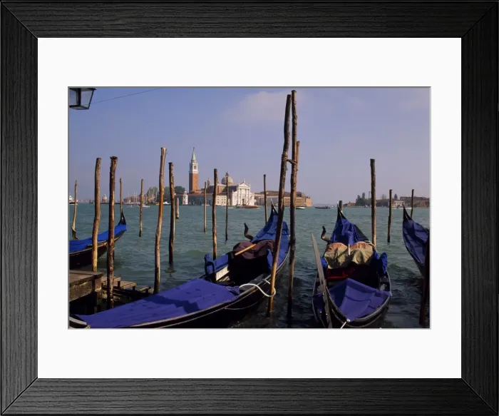Framed Print : Gondolas in the early morning moored at the quayside