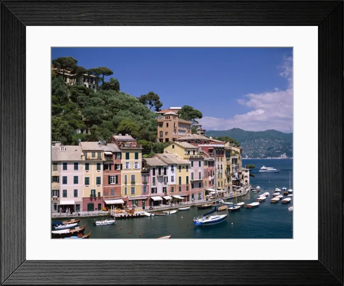Framed Print : Coastal View  /  Village & Harbour & Yachts, Portofino, Liguria, Italy