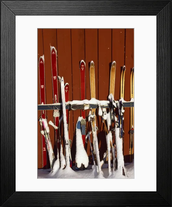 Framed Print : Skies stored alongside wooden barn on farm at The Gargia Framed Print : Skies stored alongside wooden barn on farm at The Gargia