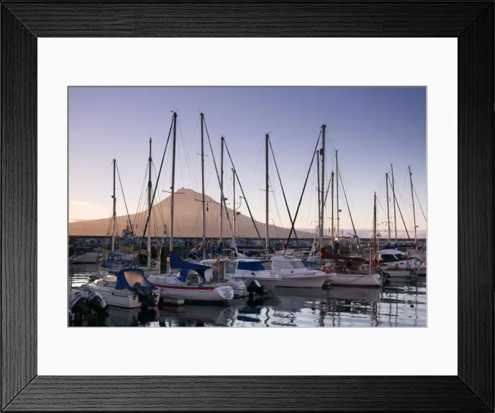 Framed Print : Harbour with volcanic island of Pico beyond Framed Print : Harbour with volcanic island of Pico beyond