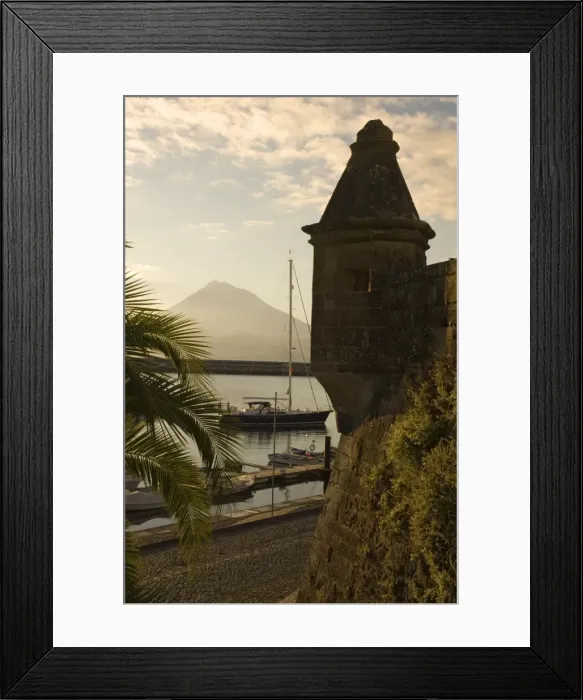 Framed Print : Harbour with volcanic island of Pico beyond Framed Print : Harbour with volcanic island of Pico beyond