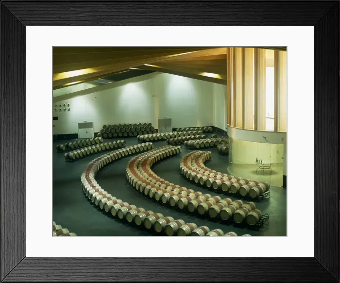 Framed Print : Wine barrels are laid out in artistic curves at Ysios winery Framed Print : Wine barrels are laid out in artistic curves at Ysios winery