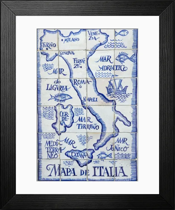 Framed Print : Map of Italy and the Mediterranean made out of ceramic tiles on a street in Seville Framed Print : Map of Italy and the Mediterranean made out of ceramic tiles on a street in Seville