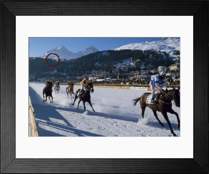 Framed Print : Flat racing on the frozen lake at St Moritz Framed Print : Flat racing on the frozen lake at St Moritz