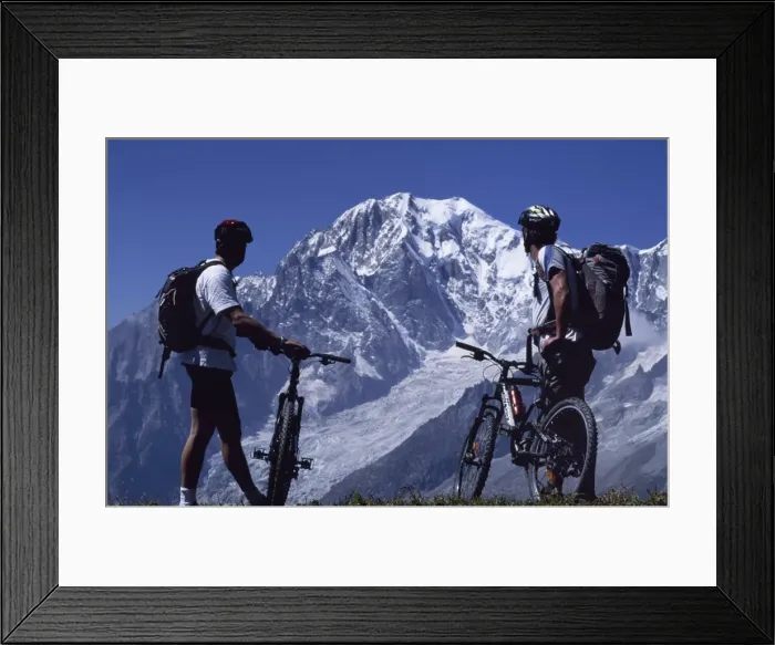 Framed Print : Mountain bikers stop on their circuit of Mont Blanc Framed Print : Mountain bikers stop on their circuit of Mont Blanc