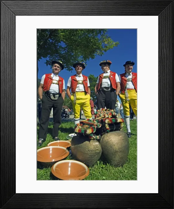 Framed Print : Cowbell ringers in traditional alpine costume Framed Print : Cowbell ringers in traditional alpine costume