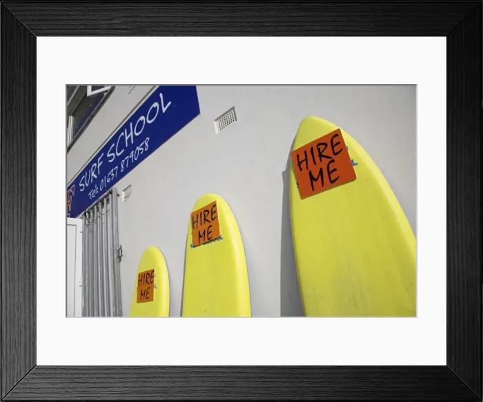 Framed Print : Surf boards for hire on Great Western Beach in Newquay Framed Print : Surf boards for hire on Great Western Beach in Newquay