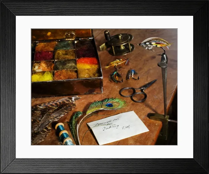 Framed Print : UK. Antique fly-tying equipment with a traditionally Framed Print : UK. Antique fly-tying equipment with a traditionally