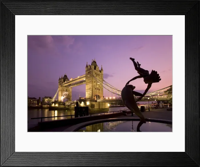 Framed Print : Tower Bridge and Girl with a Dolphin fountain