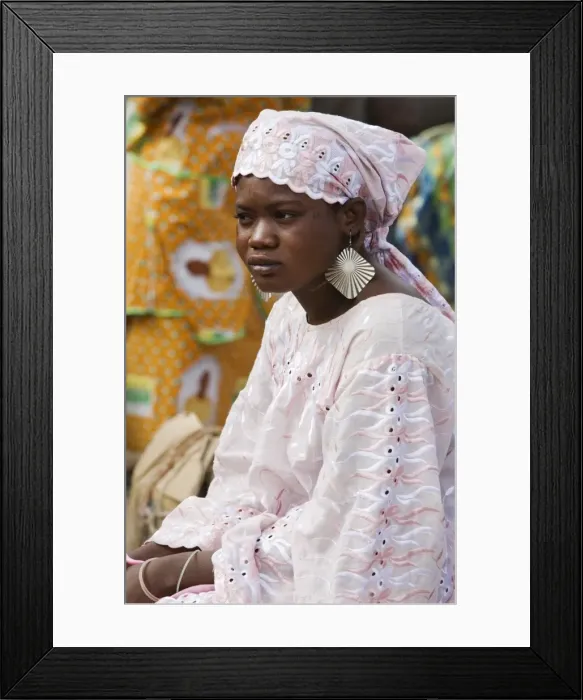 Framed Print : Mali, DjennA Peul woman wearing large earrings at Djennarket Framed Print : Mali, DjennA Peul woman wearing large earrings at Djennarket