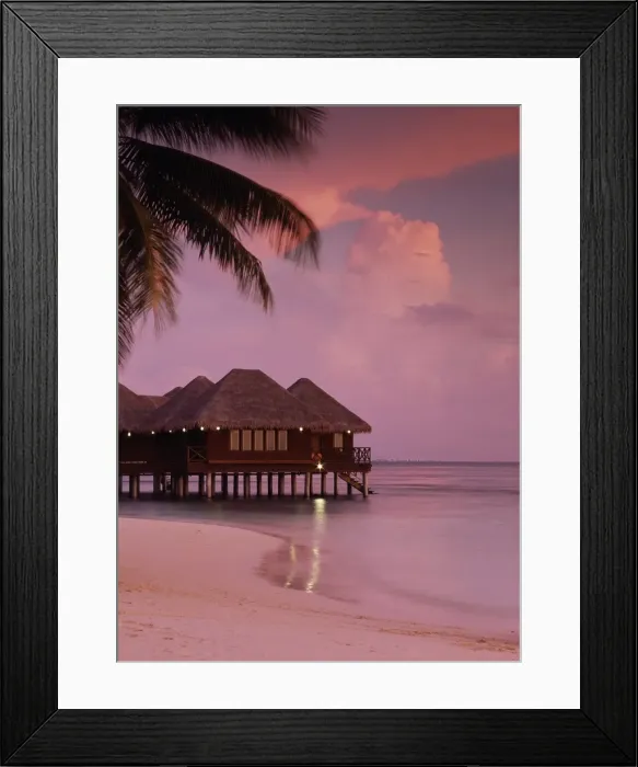 Framed Print : Beach and water villas at sunset, Maldive Islands Framed Print : Beach and water villas at sunset, Maldive Islands