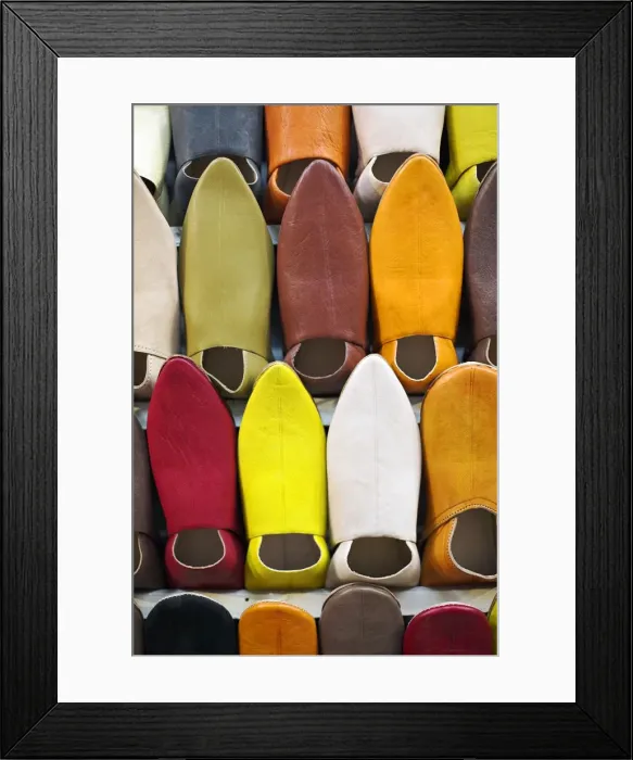 Framed Print : Every colour of slipper is on sale in the souk in Marrakech, Morocco Framed Print : Every colour of slipper is on sale in the souk in Marrakech, Morocco