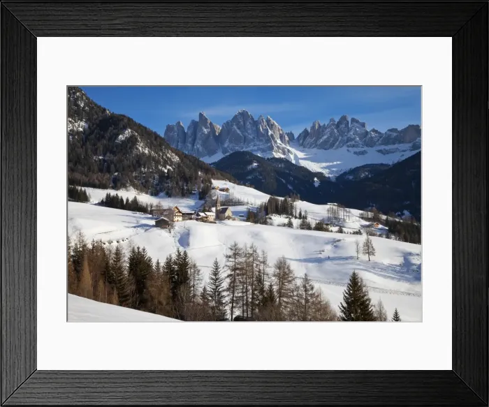 Framed Print : Winter landscape of St. Magdalena village and church, Geisler Spitzen (3060m) Framed Print : Winter landscape of St. Magdalena village and church, Geisler Spitzen (3060m)