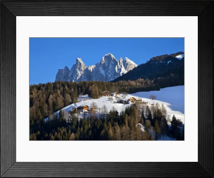 Framed Print : Winter landscape of farm buildings on a hillside, Geisler Spitzen (3060m) Framed Print : Winter landscape of farm buildings on a hillside, Geisler Spitzen (3060m)