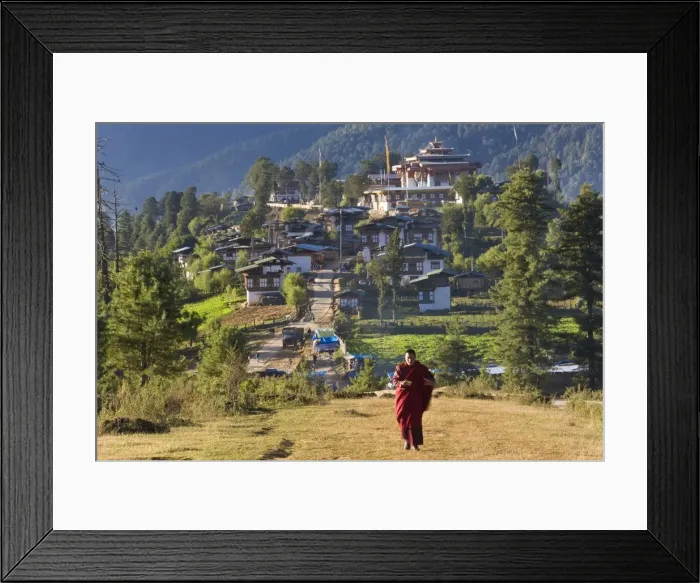 Framed Print : Monk leaving Gangtey Dzong (monastery), & village, Phobjikha Valley, Bhutan Framed Print : Monk leaving Gangtey Dzong (monastery), & village, Phobjikha Valley, Bhutan