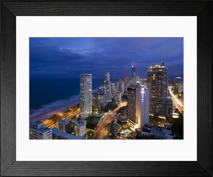 Framed Print : Australia, Queensland, Gold Coast, Surfers Paradise, Evening view of Surfers Paradise Highrises Framed Print : Australia, Queensland, Gold Coast, Surfers Paradise, Evening view of Surfers Paradise Highrises