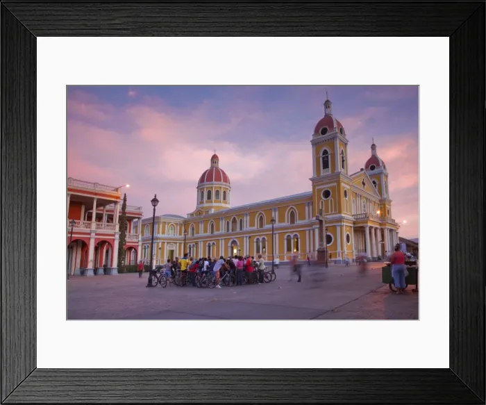 Framed Print : Nicaragua, Granada, Park Colon, Park Central, Cathedral de Granada at sunset
