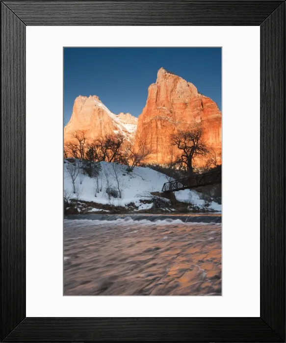 Framed Print : USA, Utah, Zion National Park, Mountain Sunrise by the North Fork Virgin River. winter Framed Print : USA, Utah, Zion National Park, Mountain Sunrise by the North Fork Virgin River. winter