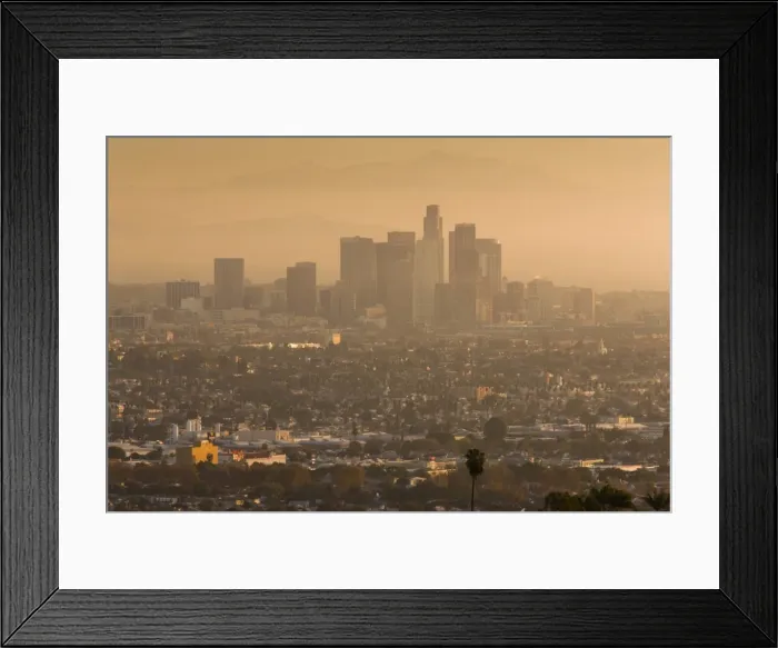 Framed Print : USA, California, Los Angeles, downtown view from Baldwin Hills, sunrise