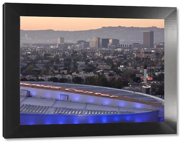 USA, California, Los Angeles, Downtown, roof of Staple Center and Hollywood