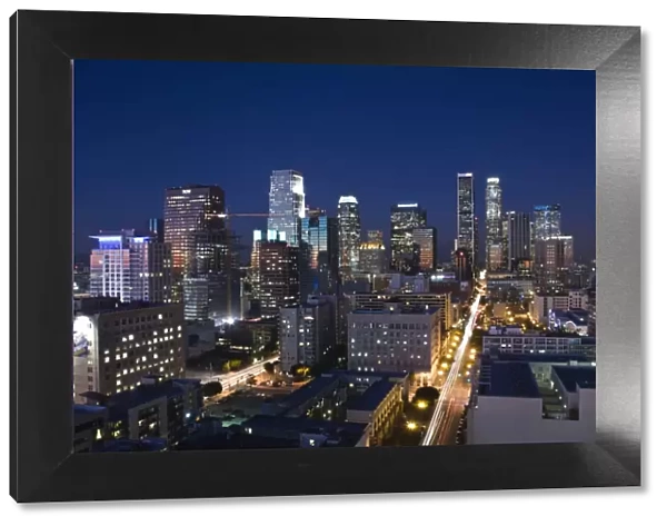 USA, California, Los Angeles, aerial view of downtown from West 11th Street, dusk