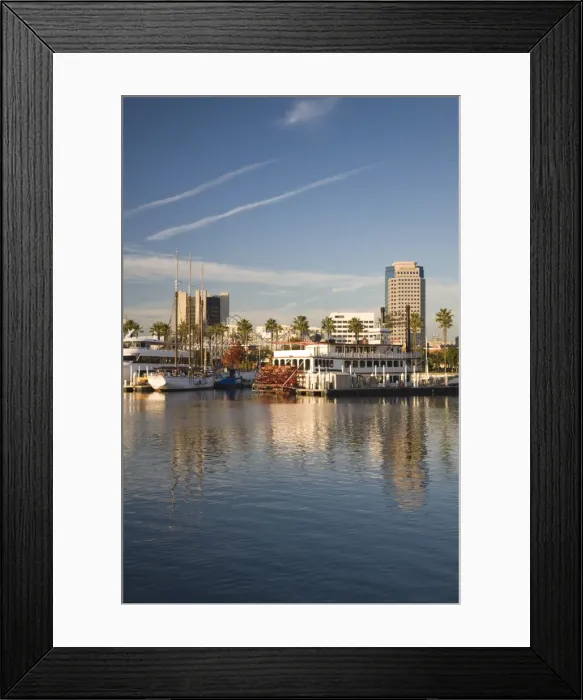 Framed Print : USA, California, Long Beach, Shoreline Village, marina and city view Framed Print : USA, California, Long Beach, Shoreline Village, marina and city view