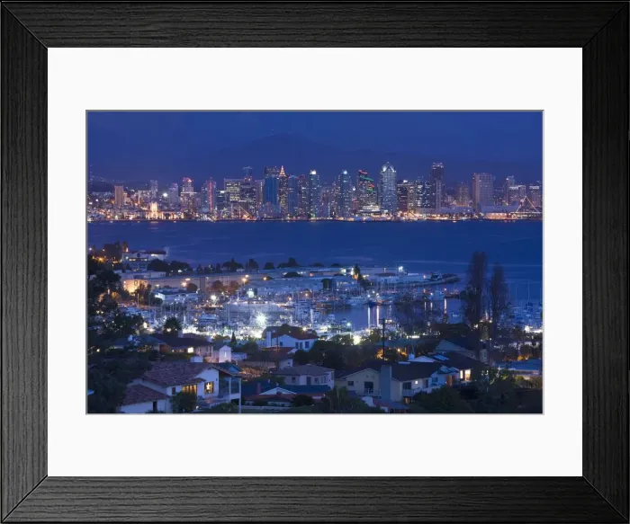 Framed Print : USA, California, San Diego, City and Shelter Island Yacht Basin from Point Loma, dusk Framed Print : USA, California, San Diego, City and Shelter Island Yacht Basin from Point Loma, dusk