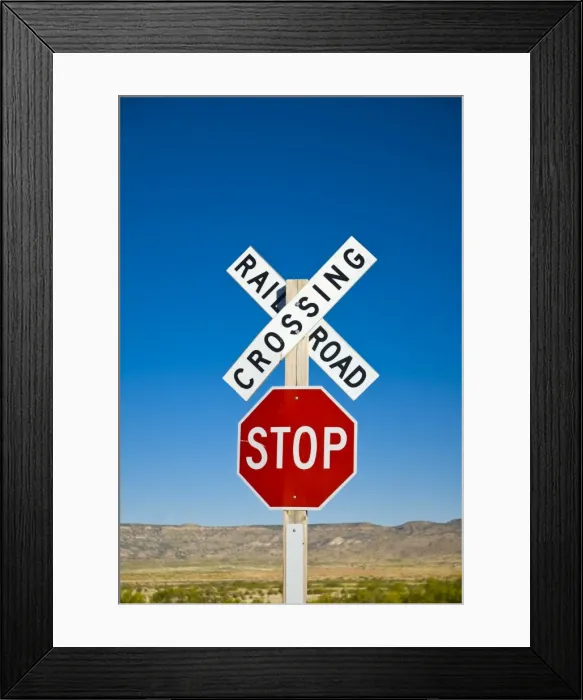 Framed Print : USA, New Mexico, Route 66, near Montoya, Railroad Crossing and sign Framed Print : USA, New Mexico, Route 66, near Montoya, Railroad Crossing and sign