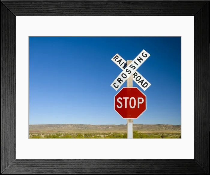 Framed Print : USA, New Mexico, Route 66, near Montoya, Railroad Crossing and sign Framed Print : USA, New Mexico, Route 66, near Montoya, Railroad Crossing and sign