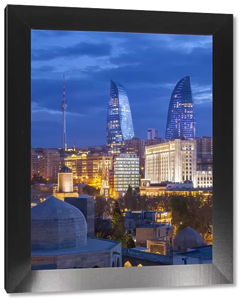 Azerbaijan, Baku, high angle skyline view with The Flame Towers