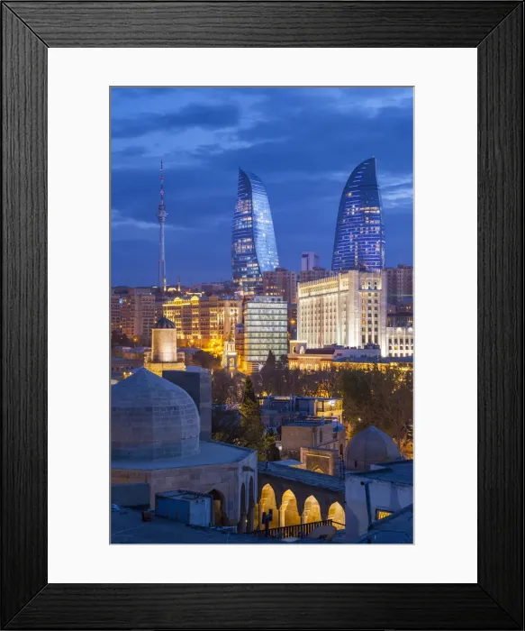 Framed Print : Azerbaijan, Baku, high angle skyline view with The Flame Towers Framed Print : Azerbaijan, Baku, high angle skyline view with The Flame Towers