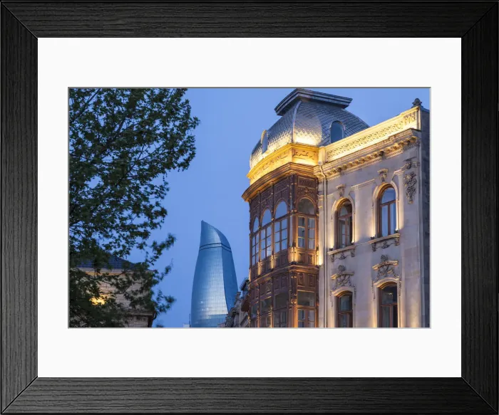 Framed Print : Azerbaijan, Baku, Old City and Flame Towers Framed Print : Azerbaijan, Baku, Old City and Flame Towers