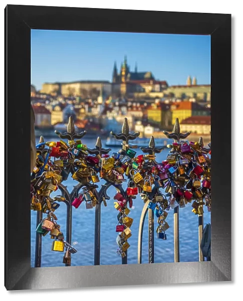 Czech Republic, Prague, Mala Strana and Prague Castle across River Vlatava, Love Locks