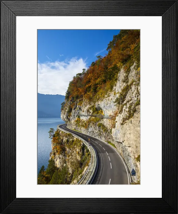Framed Print : Bending road by lake Thun, Berner Oberland, Switzerland