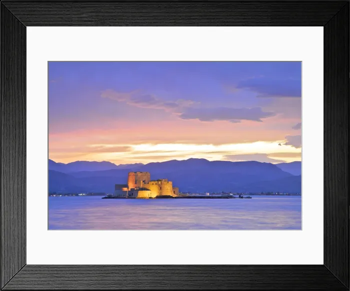Framed Print : Bourtzi Castle at Dusk, Nafplio, Argolis, The Peloponnese, Greece, Southern Europe