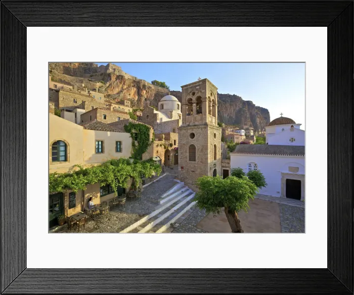 Framed Print : Church of Elkomenos Christos and Bell Tower in Platia Dsami Square, Monemvasia, Laconia Framed Print : Church of Elkomenos Christos and Bell Tower in Platia Dsami Square, Monemvasia, Laconia