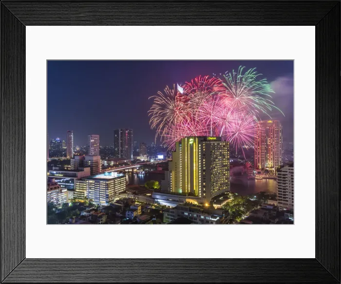 Framed Print : Thailand, Bangkok, Riverside Area, high angle skyline view with fireworks, dusk Framed Print : Thailand, Bangkok, Riverside Area, high angle skyline view with fireworks, dusk
