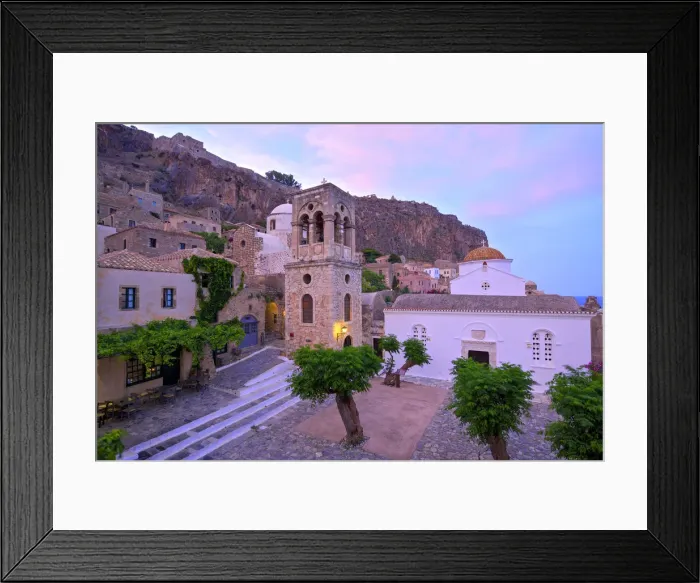 Framed Print : Church of Elkomenos Christos and Bell Tower in Platia Dsami Square, Monemvasia, Laconia