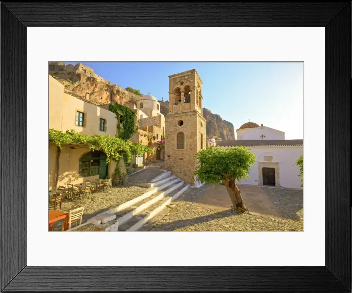 Framed Print : Church of Elkomenos Christos and Bell Tower in Platia Dsami Square, Monemvasia, Laconia Framed Print : Church of Elkomenos Christos and Bell Tower in Platia Dsami Square, Monemvasia, Laconia