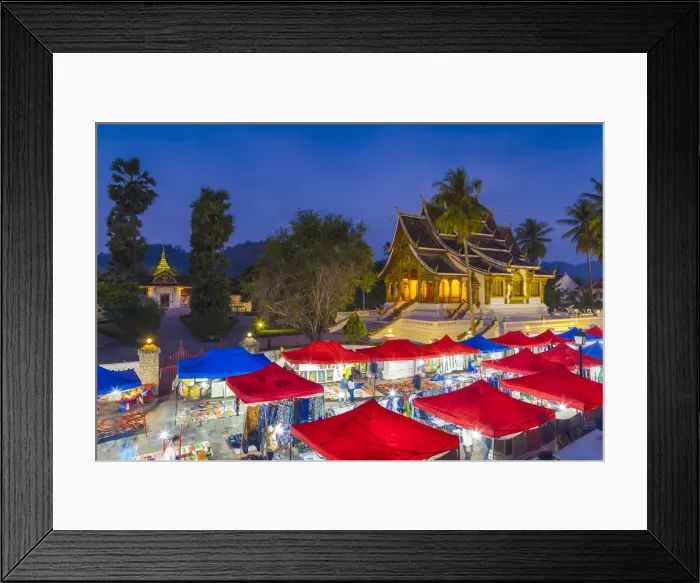 Framed Print : Laos, Luang Prabang, Sisavangvong Road, Handicraft Night Market and Wat Ho Pha Bang