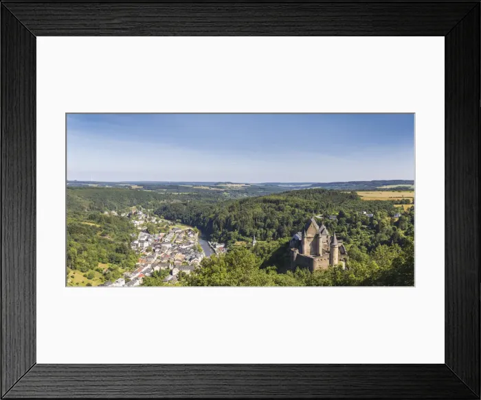 Framed Print : Luxembourg, Vianden, View of Vianden Castle, town and valley Framed Print : Luxembourg, Vianden, View of Vianden Castle, town and valley