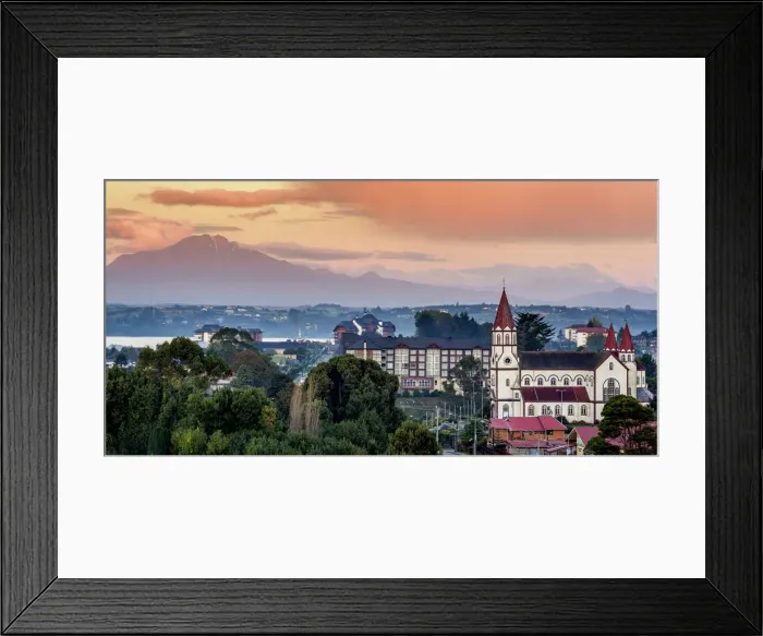 Framed Print : Church and Calbuco Volcano at sunset, Puerto Varas, Llanquihue Province, Los Lagos Region Framed Print : Church and Calbuco Volcano at sunset, Puerto Varas, Llanquihue Province, Los Lagos Region