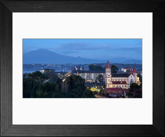 Framed Print : Church and Calbuco Volcano at dusk, Puerto Varas, Llanquihue Province, Los Lagos Region Framed Print : Church and Calbuco Volcano at dusk, Puerto Varas, Llanquihue Province, Los Lagos Region